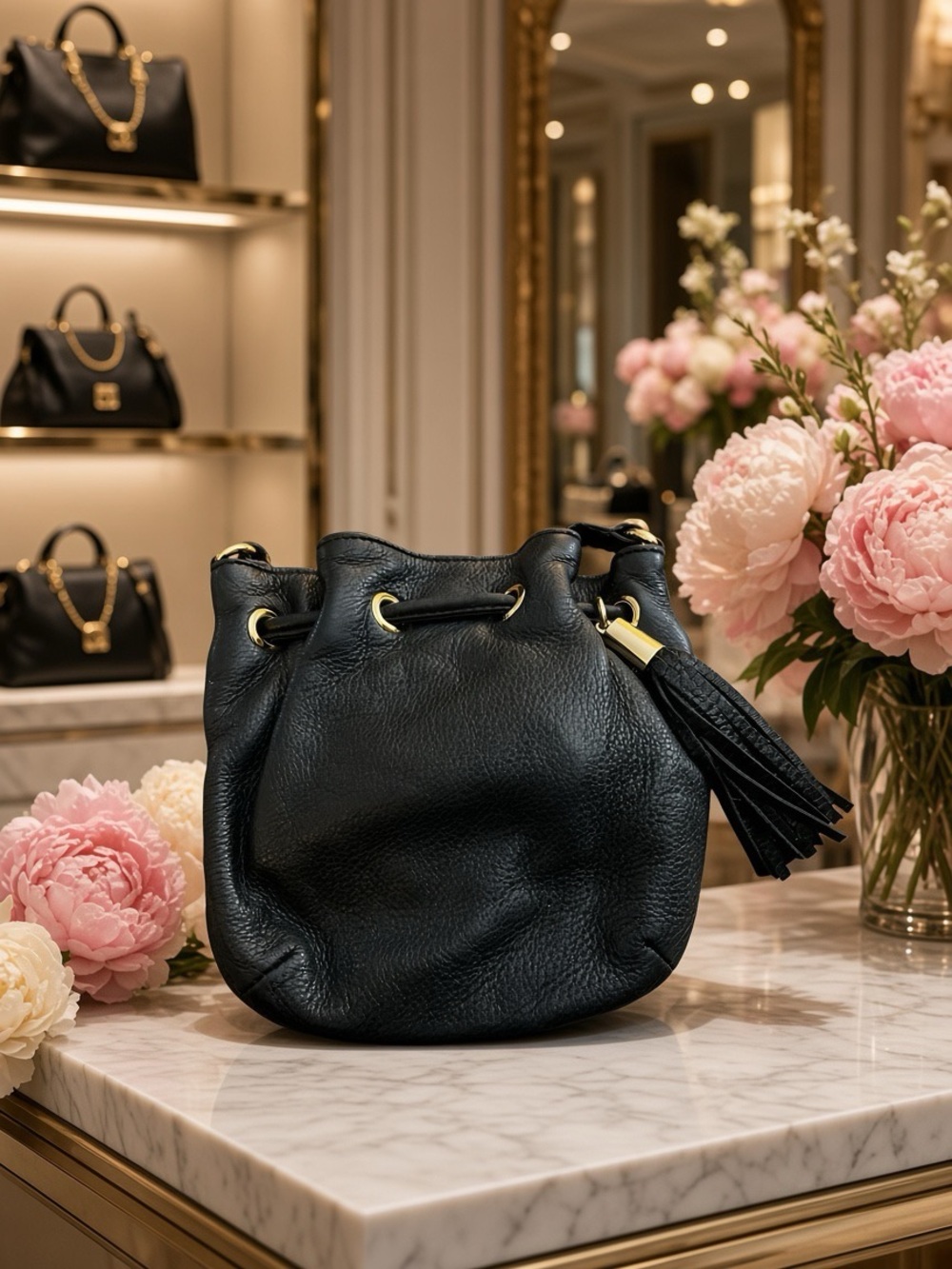 Michael Kors Leather Drawstring Bucket Bag